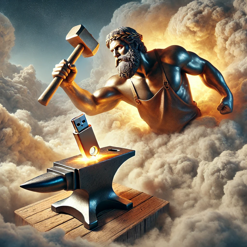 The Greek god Hephaestus striking a USB thumb drive with his hammer in the Cloud